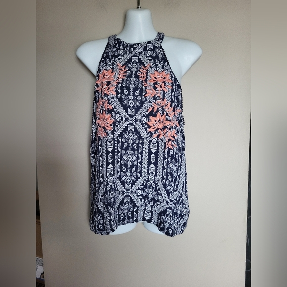 Navy and Coral Patterned Women's Top, Size Large - Picture 1 of 2